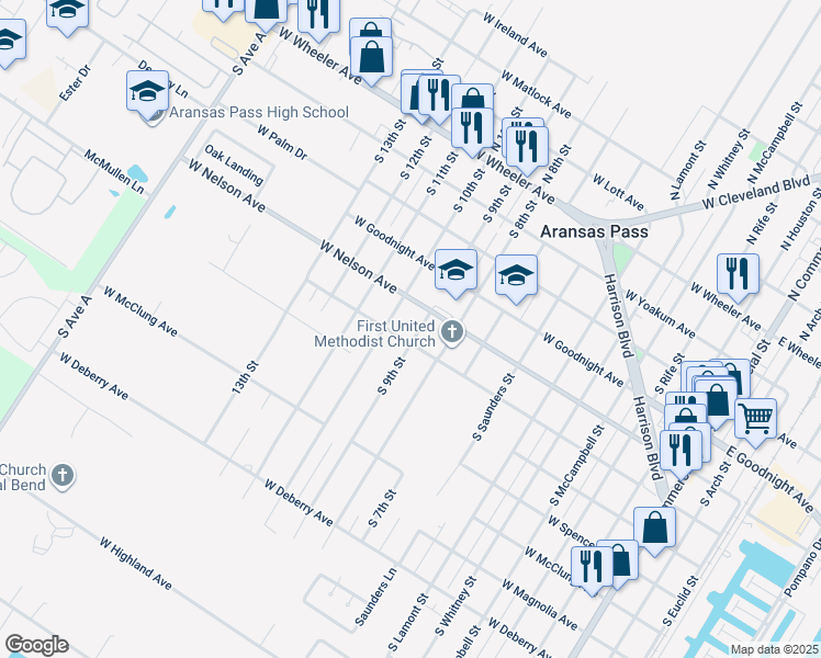 map of restaurants, bars, coffee shops, grocery stores, and more near 554 South 9th Street in Aransas Pass