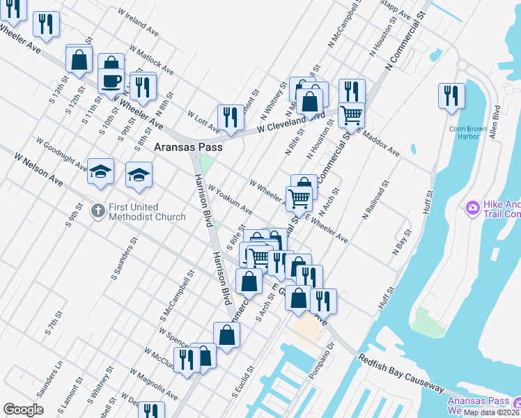 map of restaurants, bars, coffee shops, grocery stores, and more near 145 South Rife Street in Aransas Pass