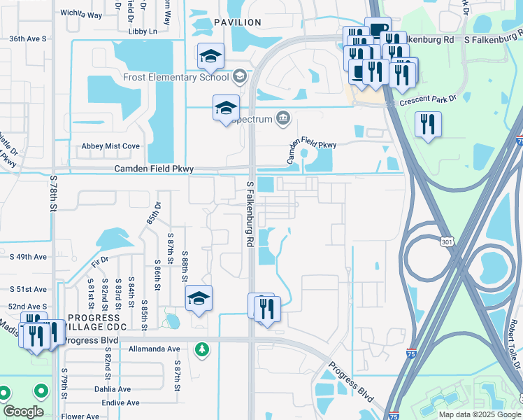 map of restaurants, bars, coffee shops, grocery stores, and more near 9013 Aspen Hollow Place in Riverview