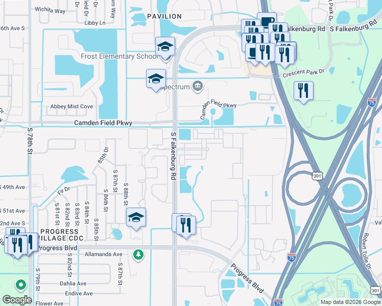 map of restaurants, bars, coffee shops, grocery stores, and more near 9026 Sienna Moss Lane in Riverview