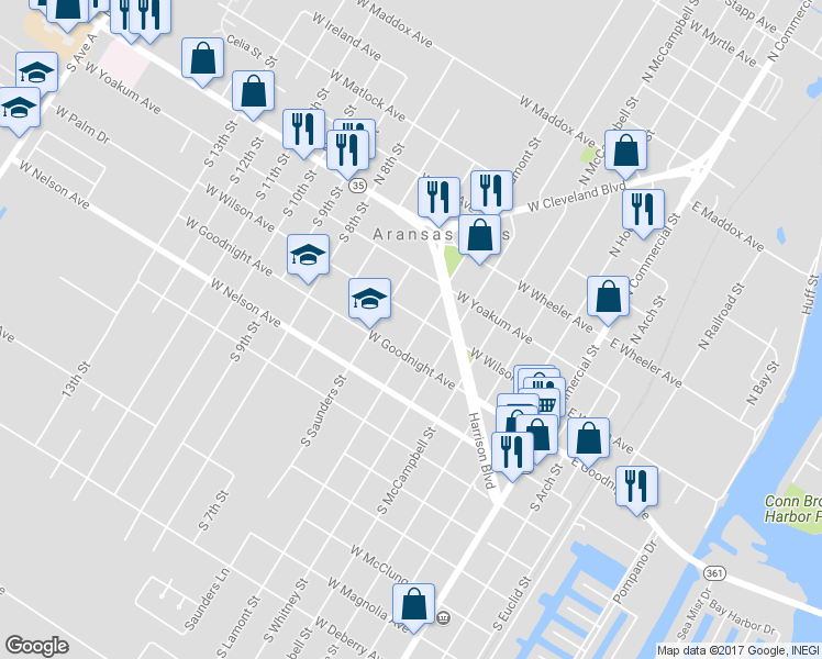 map of restaurants, bars, coffee shops, grocery stores, and more near 320 South Lamont Street in Aransas Pass