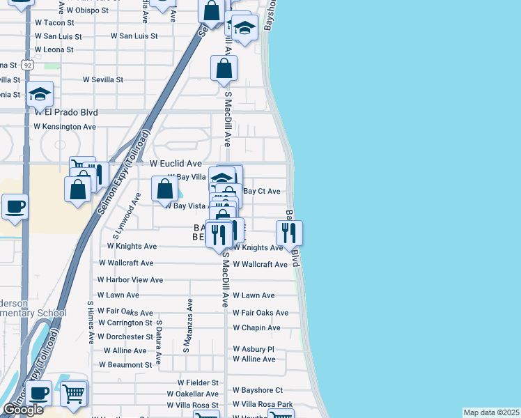 map of restaurants, bars, coffee shops, grocery stores, and more near 2905 West Bay View Avenue in Tampa
