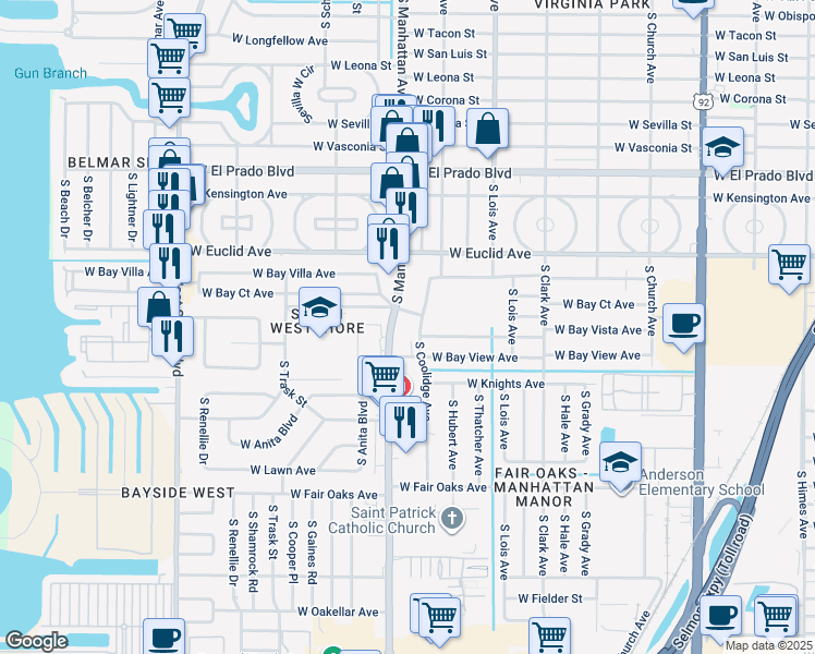 map of restaurants, bars, coffee shops, grocery stores, and more near 4006 South Manhattan Avenue in Tampa