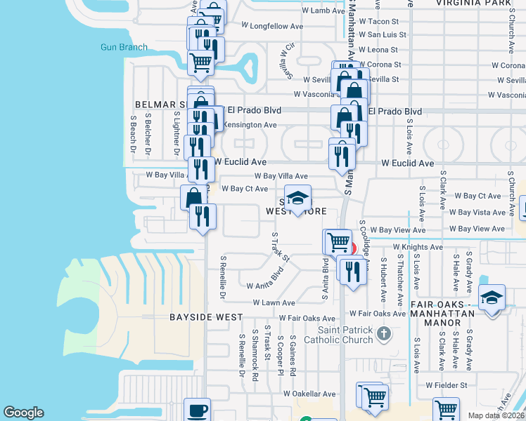 map of restaurants, bars, coffee shops, grocery stores, and more near 4709 West Bay View Avenue in Tampa
