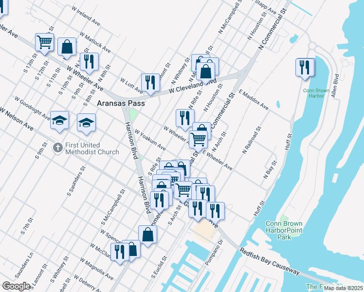 map of restaurants, bars, coffee shops, grocery stores, and more near 123 West Wheeler Avenue in Aransas Pass