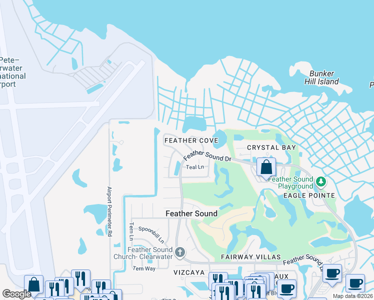 map of restaurants, bars, coffee shops, grocery stores, and more near 14479 Sandpiper Circle in Clearwater