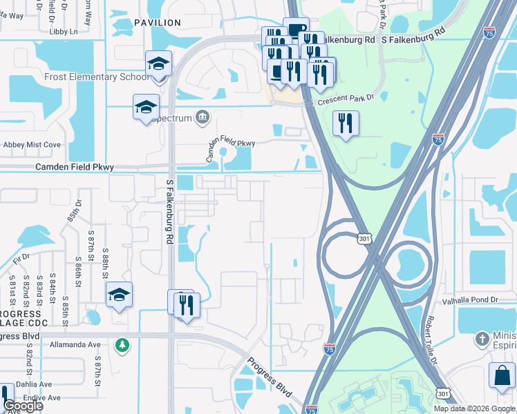 map of restaurants, bars, coffee shops, grocery stores, and more near 4621 Chatterton Way in Riverview
