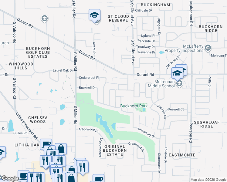 map of restaurants, bars, coffee shops, grocery stores, and more near 2702 Berryknoll Place in Valrico