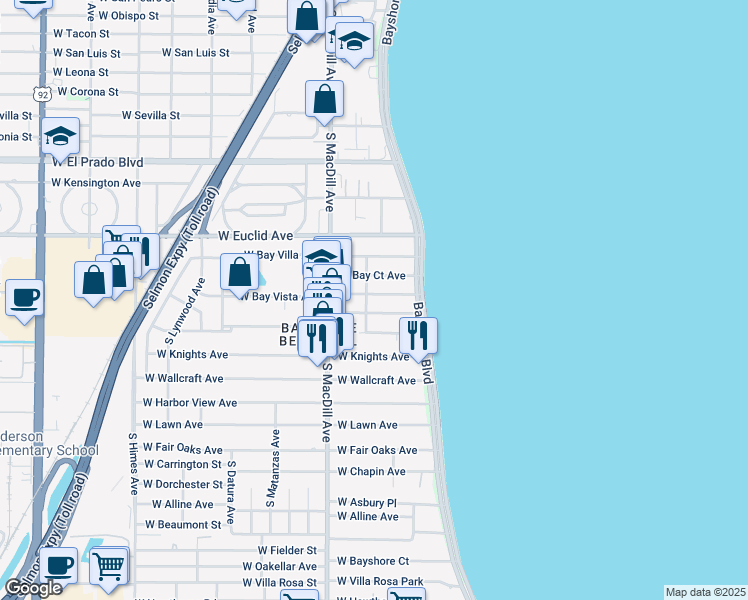 map of restaurants, bars, coffee shops, grocery stores, and more near 2918 West Bay Vista Avenue in Tampa