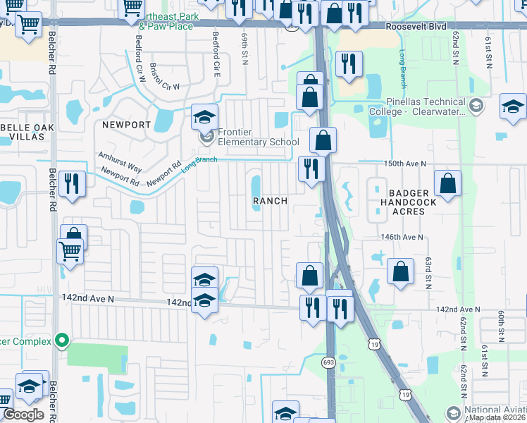 map of restaurants, bars, coffee shops, grocery stores, and more near 217 Heron Road in Clearwater
