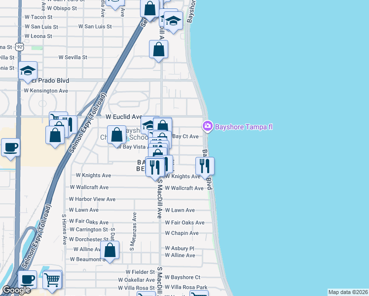 map of restaurants, bars, coffee shops, grocery stores, and more near 2916 West Bay Vista Avenue in Tampa