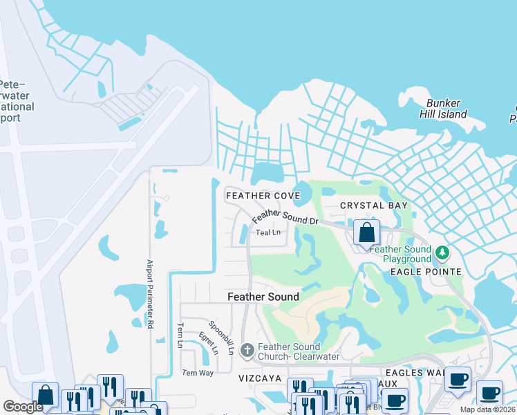 map of restaurants, bars, coffee shops, grocery stores, and more near 14778 Feather Cove Road in Clearwater