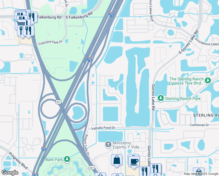 map of restaurants, bars, coffee shops, grocery stores, and more near 4660 Pond Ridge Drive in Palm River-Clair Mel