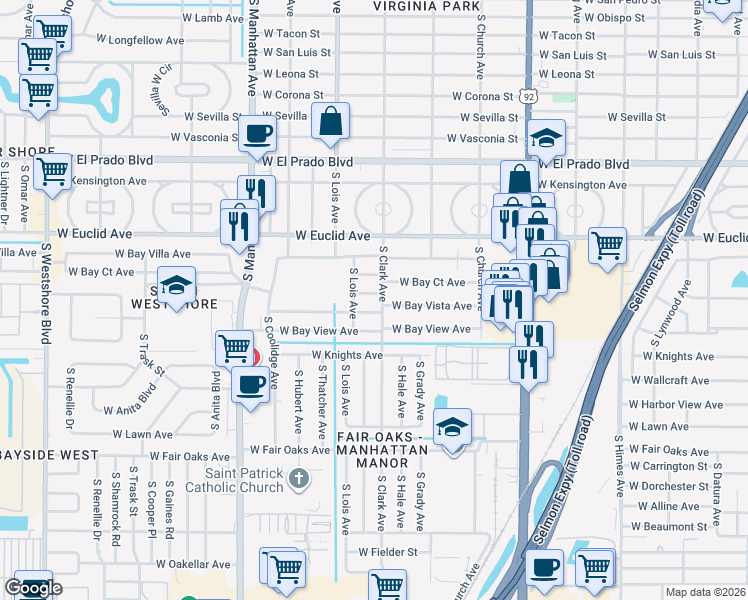map of restaurants, bars, coffee shops, grocery stores, and more near 3936 West Bay Vista Avenue in Tampa