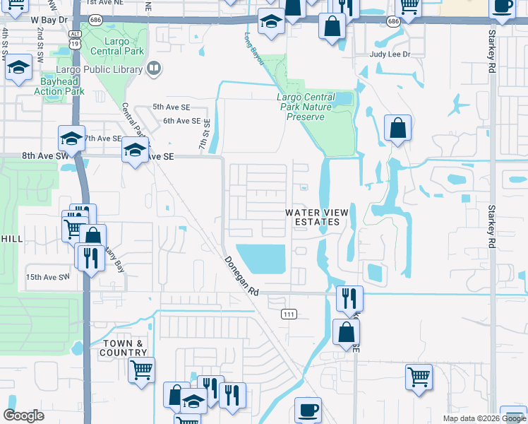 map of restaurants, bars, coffee shops, grocery stores, and more near 12th Street in Largo