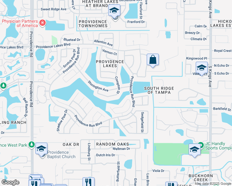 map of restaurants, bars, coffee shops, grocery stores, and more near 1711 Compton Street in Brandon