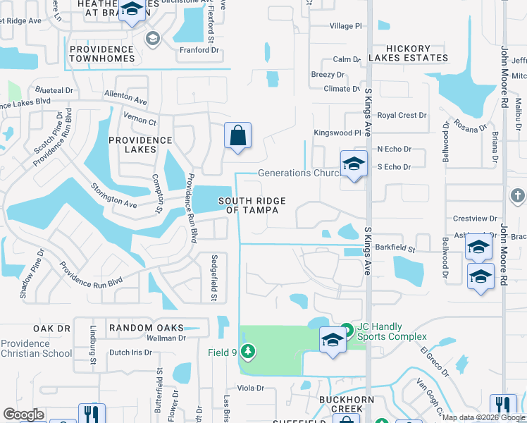 map of restaurants, bars, coffee shops, grocery stores, and more near 1025 Summer Breeze Drive in Brandon