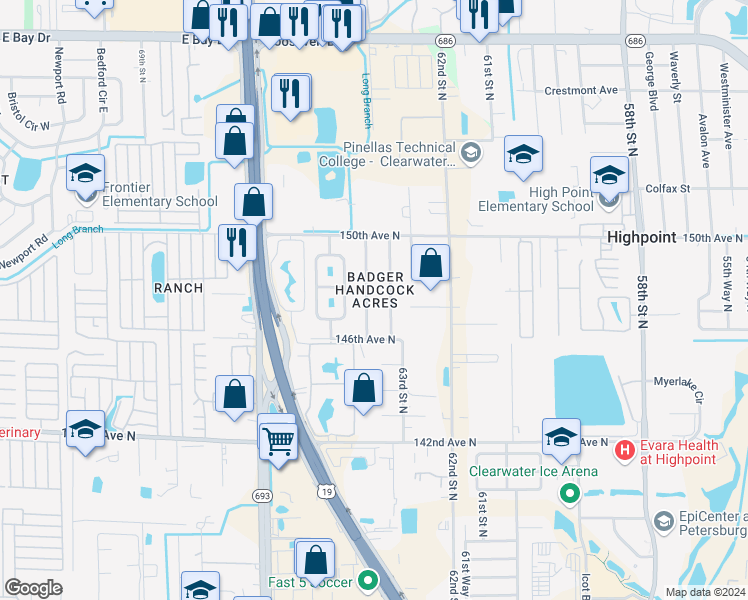 map of restaurants, bars, coffee shops, grocery stores, and more near 14743 64th Street North in Clearwater