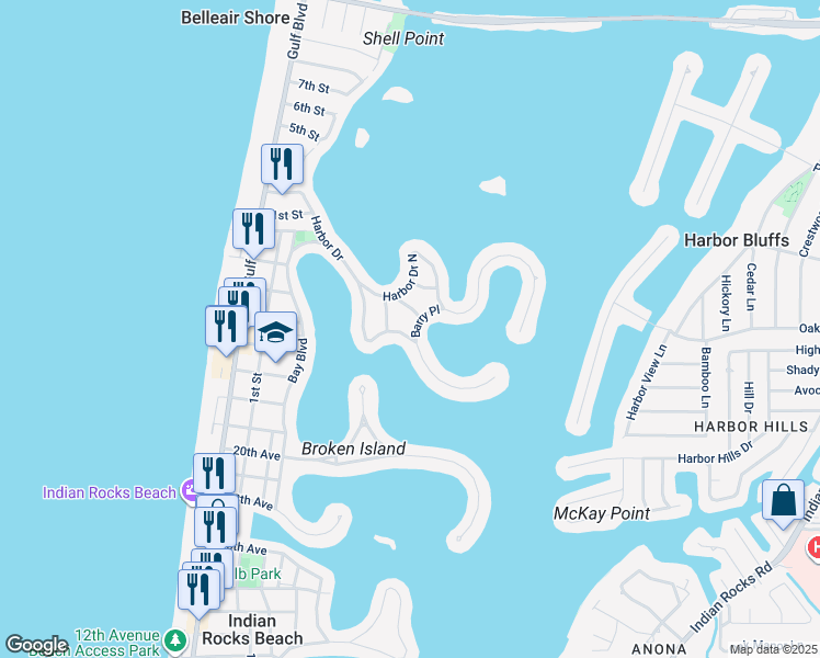 map of restaurants, bars, coffee shops, grocery stores, and more near 600 Barry Place in Indian Rocks Beach
