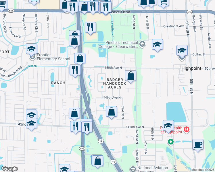 map of restaurants, bars, coffee shops, grocery stores, and more near 14757 Mockingbird Lane East in Clearwater