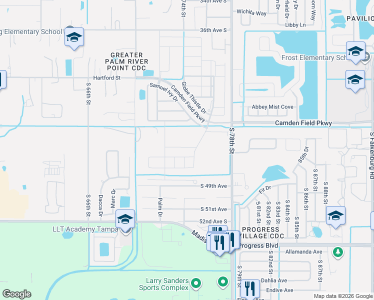 map of restaurants, bars, coffee shops, grocery stores, and more near Wild Senna Boulevard in Palm River-Clair Mel