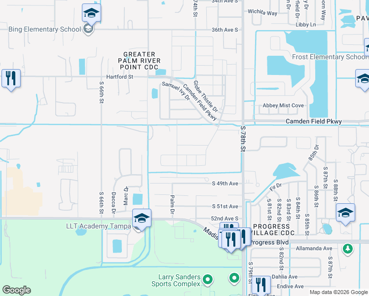 map of restaurants, bars, coffee shops, grocery stores, and more near in Palm River-Clair Mel
