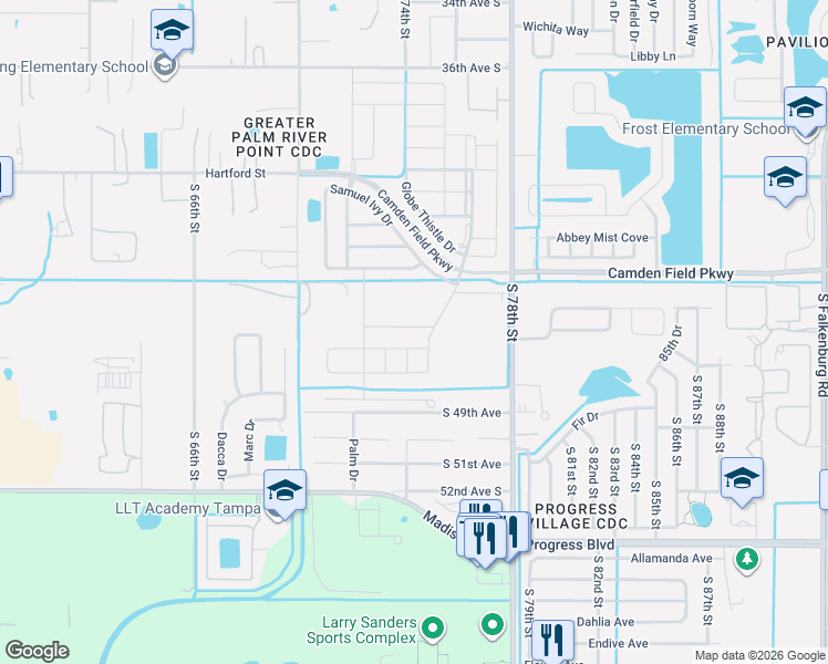 map of restaurants, bars, coffee shops, grocery stores, and more near Wild Senna Boulevard in Palm River-Clair Mel