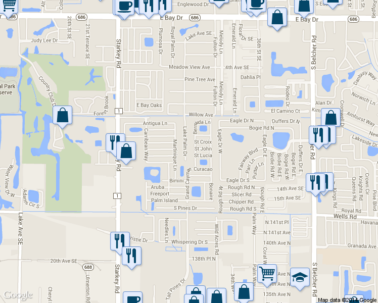 map of restaurants, bars, coffee shops, grocery stores, and more near 1015 Lake Palms Drive in Largo