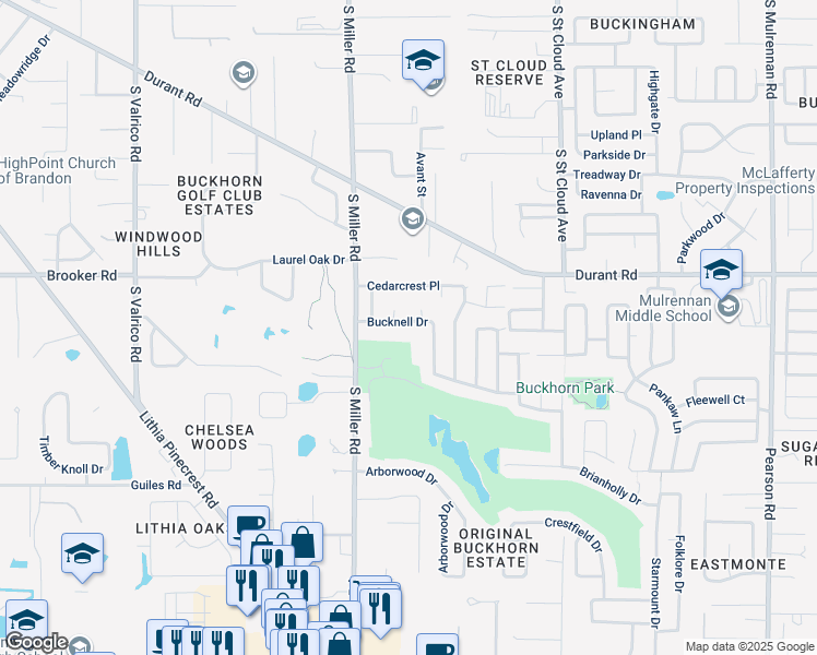 map of restaurants, bars, coffee shops, grocery stores, and more near 2415 Bucknell Drive in Valrico
