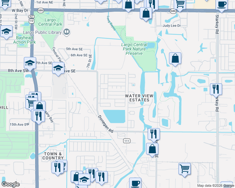 map of restaurants, bars, coffee shops, grocery stores, and more near 12th Street in Largo