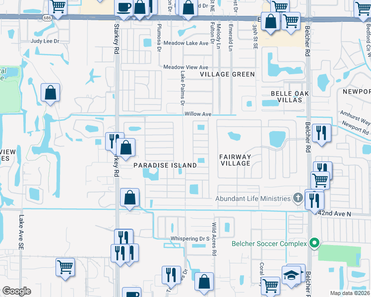 map of restaurants, bars, coffee shops, grocery stores, and more near 1015 Lake Palms Drive in Largo