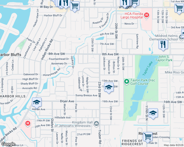 map of restaurants, bars, coffee shops, grocery stores, and more near 1281 Maple Street Southwest in Largo