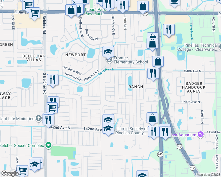 map of restaurants, bars, coffee shops, grocery stores, and more near Friendship Road in Clearwater