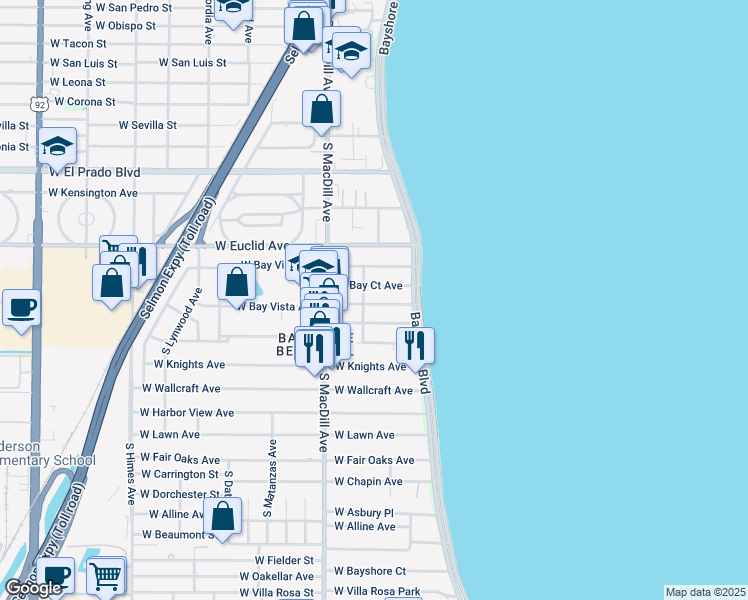 map of restaurants, bars, coffee shops, grocery stores, and more near 2915 West Bay Vista Avenue in Tampa