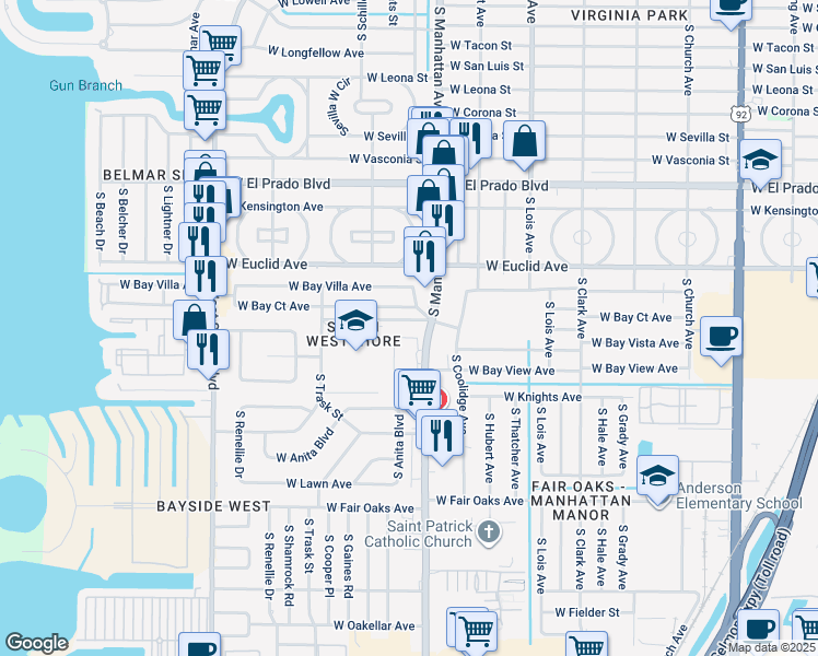 map of restaurants, bars, coffee shops, grocery stores, and more near 4011 South Manhattan Avenue in Tampa