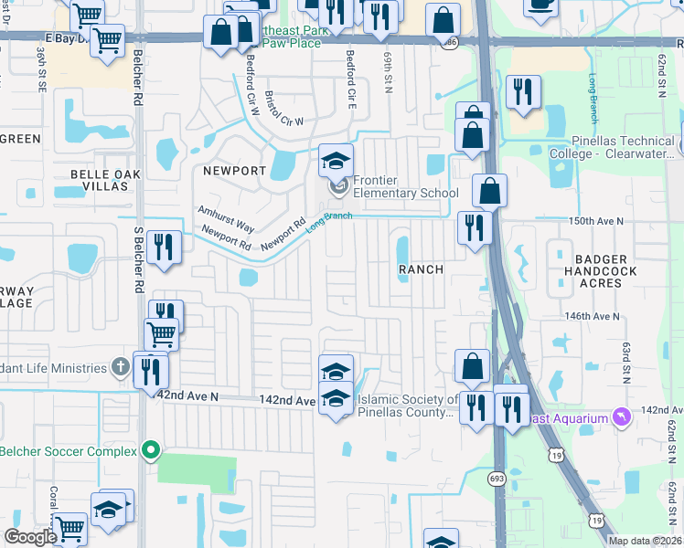 map of restaurants, bars, coffee shops, grocery stores, and more near Friendship Road in Clearwater