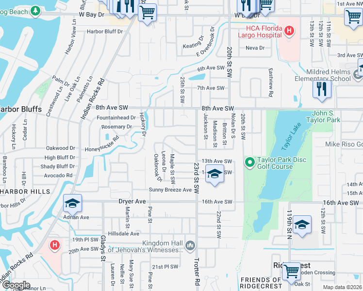 map of restaurants, bars, coffee shops, grocery stores, and more near 1281 Maple Street Southwest in Largo