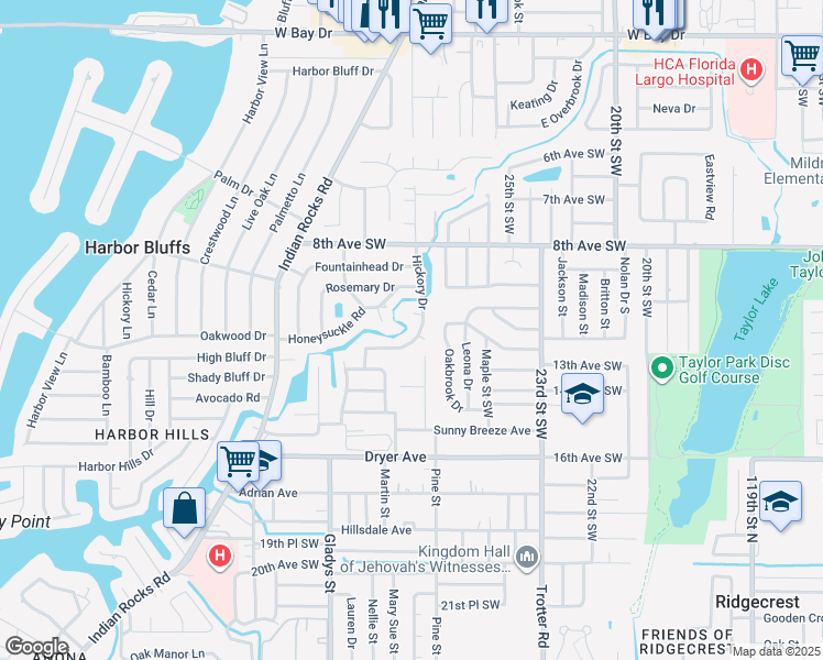 map of restaurants, bars, coffee shops, grocery stores, and more near 2864 Hickory Drive in Largo