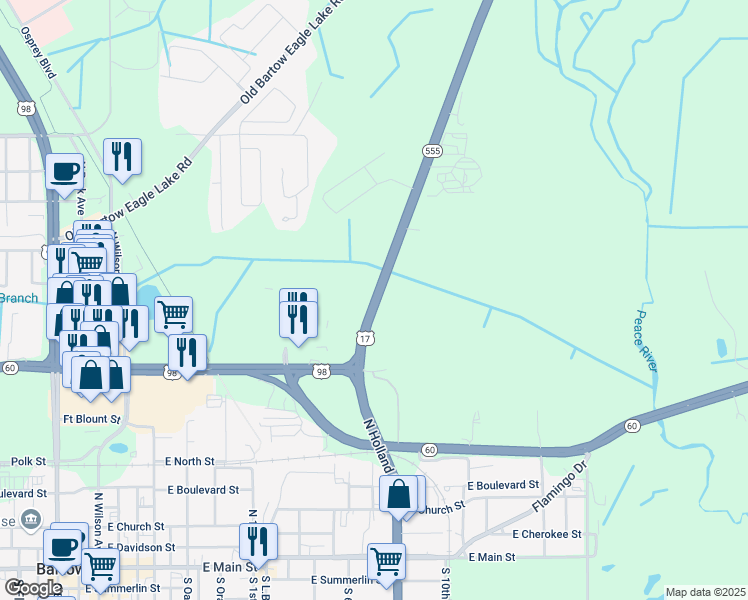 map of restaurants, bars, coffee shops, grocery stores, and more near 1351 U.S. 17 in Bartow