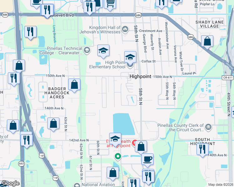 map of restaurants, bars, coffee shops, grocery stores, and more near 14797 Sunset Street in Clearwater
