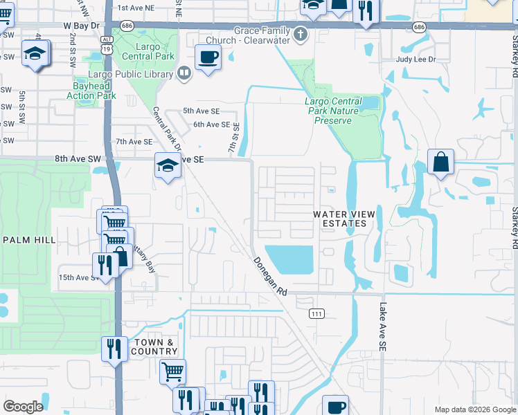 map of restaurants, bars, coffee shops, grocery stores, and more near 1210 Donegan Road in Largo