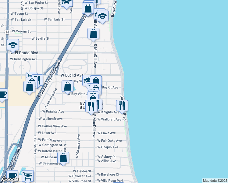 map of restaurants, bars, coffee shops, grocery stores, and more near 2905 West Bay View Avenue in Tampa