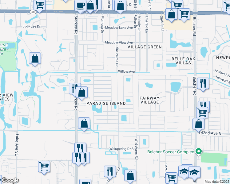map of restaurants, bars, coffee shops, grocery stores, and more near 1015 Lake Palms Drive in Largo