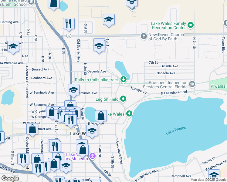 map of restaurants, bars, coffee shops, grocery stores, and more near 315 North 5th Street in Lake Wales