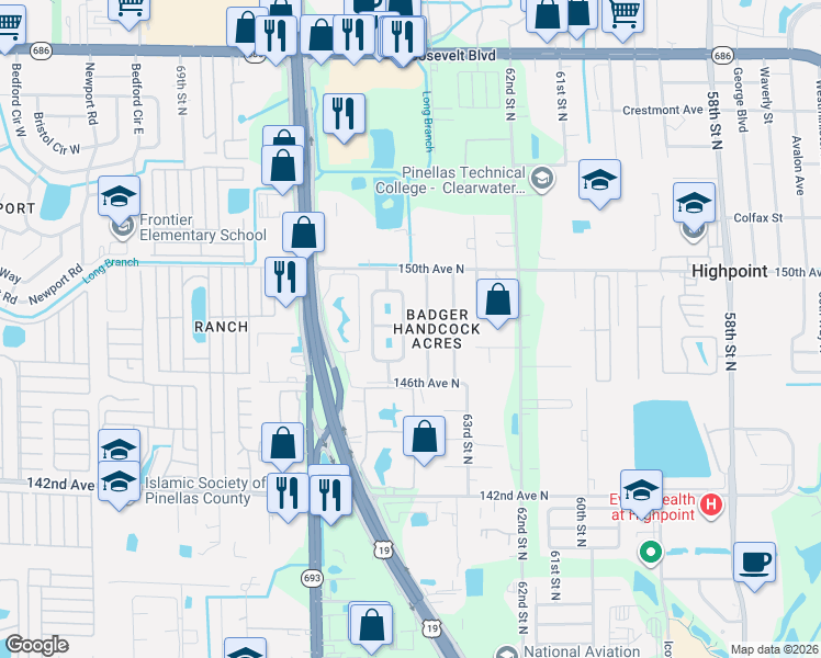 map of restaurants, bars, coffee shops, grocery stores, and more near 14716 64th Street North in Clearwater