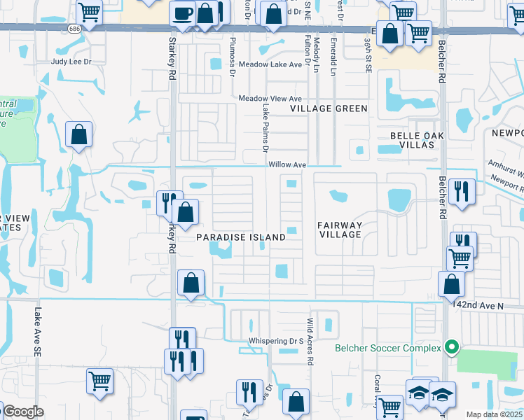 map of restaurants, bars, coffee shops, grocery stores, and more near 1015 Lake Palms Drive in Largo