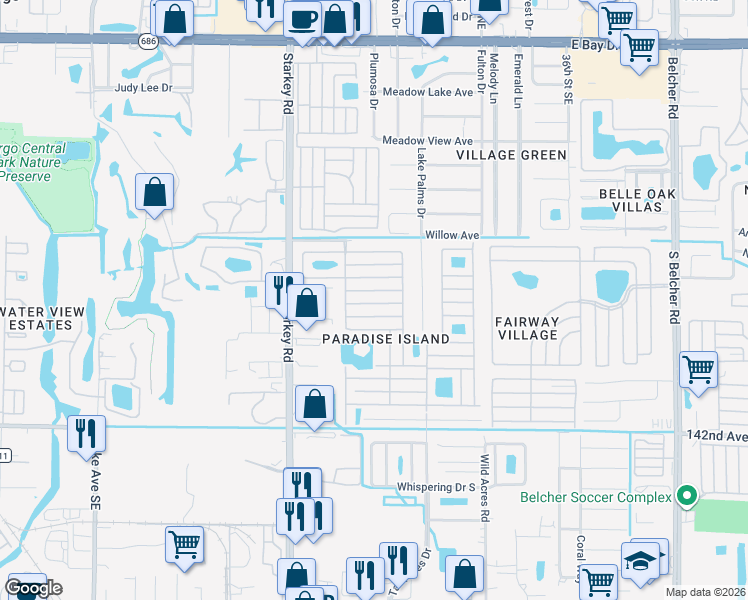 map of restaurants, bars, coffee shops, grocery stores, and more near 1001 Starkey Road in Largo