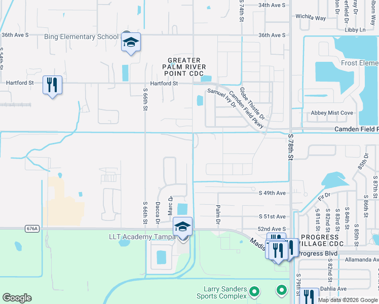 map of restaurants, bars, coffee shops, grocery stores, and more near 4415 South 70th Street in Tampa
