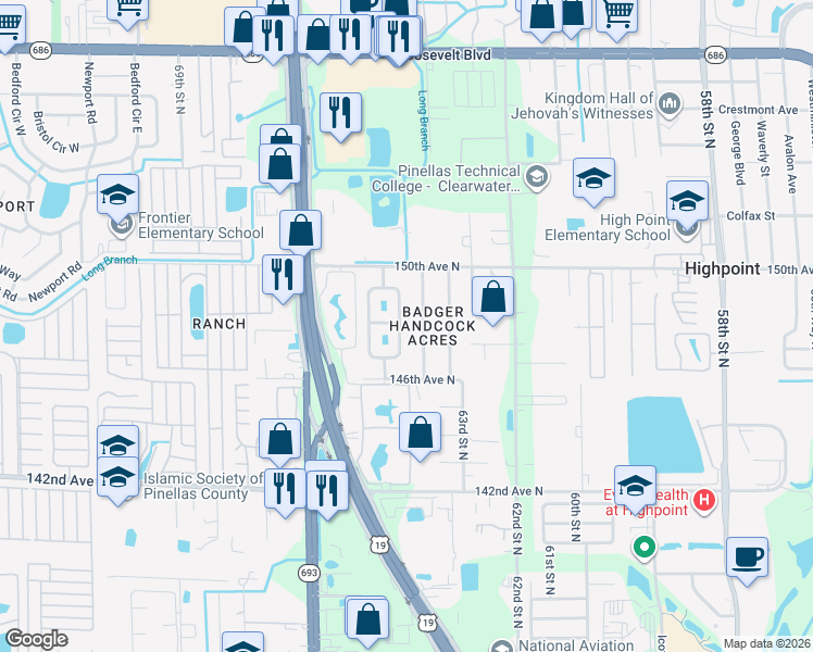 map of restaurants, bars, coffee shops, grocery stores, and more near 14716 64th Street North in Clearwater