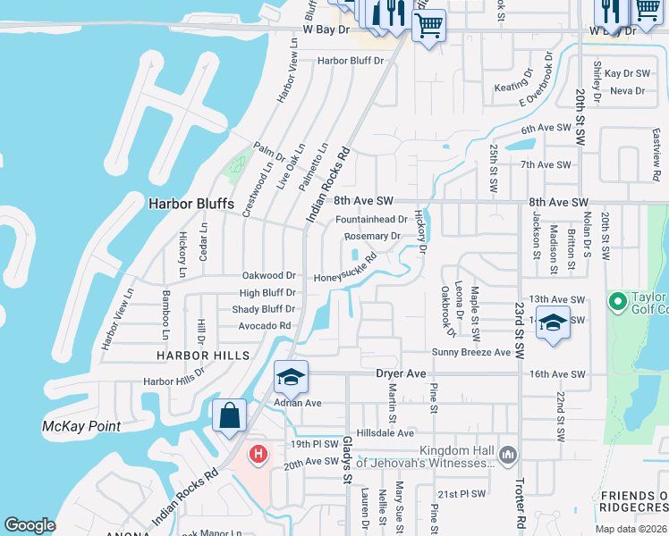 map of restaurants, bars, coffee shops, grocery stores, and more near 3282 Honeysuckle Road in Largo
